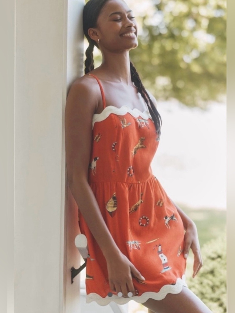 Celandine Anthropologie Dress Women XS Orange Nautical Linen Scallop Ric Rac NEW